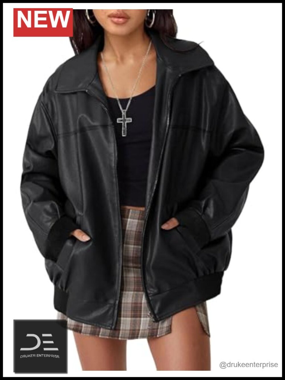Faux Leather Jacket Oversized Fall Bomber Zip Up Coat